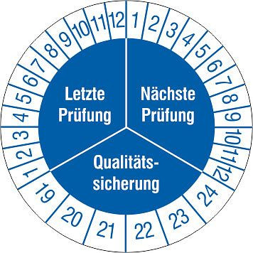 SafetyMarking Prüfplakette - mit Jahresfarbe, Qualitätssicherung, Prüfzeitraum: 19-24, Ø 3 cm, Folie, selbstklebend, VE: 15 Stück/Bogen, 30.3668-19-24