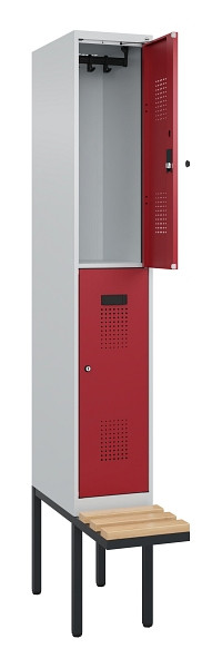 C+P Doppelstock-Spind Evolo PLUS, Bank, 2 Fächer, 2120x300x815mm, 7035/3003, Zylinderschloss, Sitzfläche Buche-Hartholz, 0493407-10 S10031