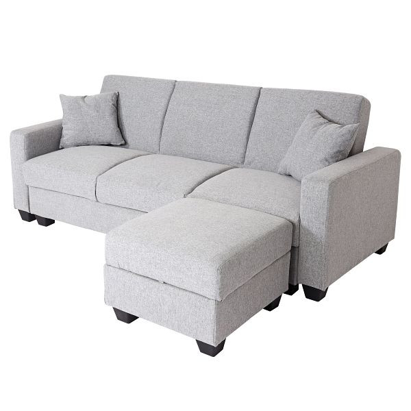 Mendler Sofa HWC-H47 mit Ottomane, Couch Sofa Gästebett, Schlaffunktion Stauraum 217x145cm, Stoff/Textil hellgrau, 89538+89539