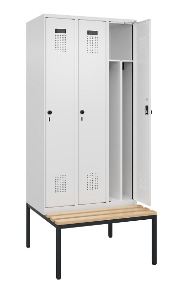 C+P Spind Evolo PLUS, 3 Abteile, 2120x900x815mm, 9016/9016, Haken 4, Drehriegel, Sitzfläche Buche-Hartholz, Sitzbank, 0490507-30F S10020
