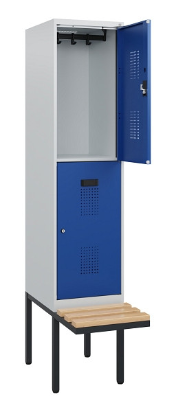 C+P Doppelstock-Spind Evolo PLUS, Bank, 2 Fächer, 1950x400x815mm, 7035/5010, Zylinderschloss, Sitzfläche Buche-Hartholz, 0493405-12 S10029