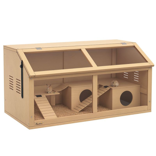 PawHut Hamsterkäfig für syrische Hamster und Zwerghamster, mit Plattform, Hängebrücke, Hütte, 85x45x44 cm, D51-402V01ND