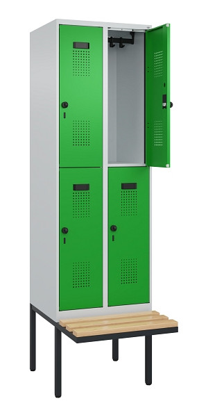 C+P Doppelstock-Spind Evolo PLUS, Bank, 4 Fächer, 2120x600x815mm, 7035/6037, Drehriegel, Sitzfläche Buche-Hartholz, 0493407-20 S10011