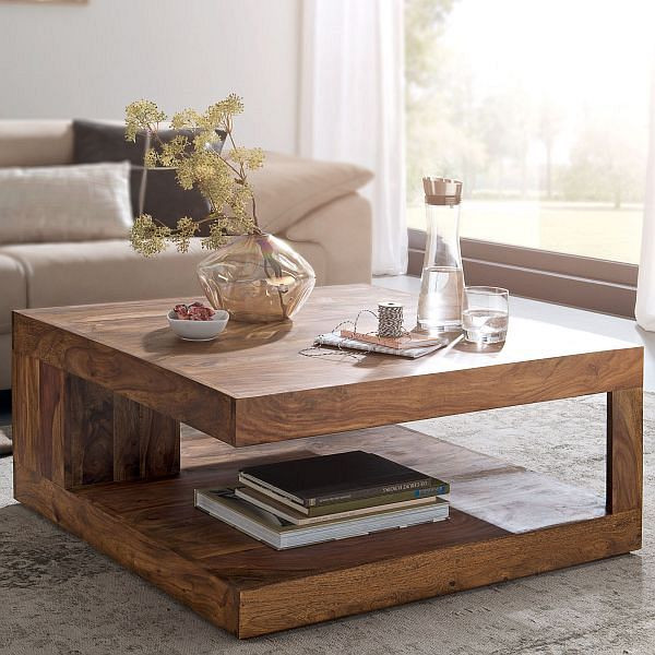Wohnling Couchtisch MUMBAI Massivholz Sheesham 90 cm breit Design dunkelbraun Landhaus-Stil, WL6.227