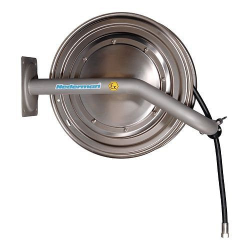 DENIOS Schlauchaufroller EX-H05-S, inklusive 25m Schlauch, Ø 1/2", Edelstahl e-poliert, Atex, 209996