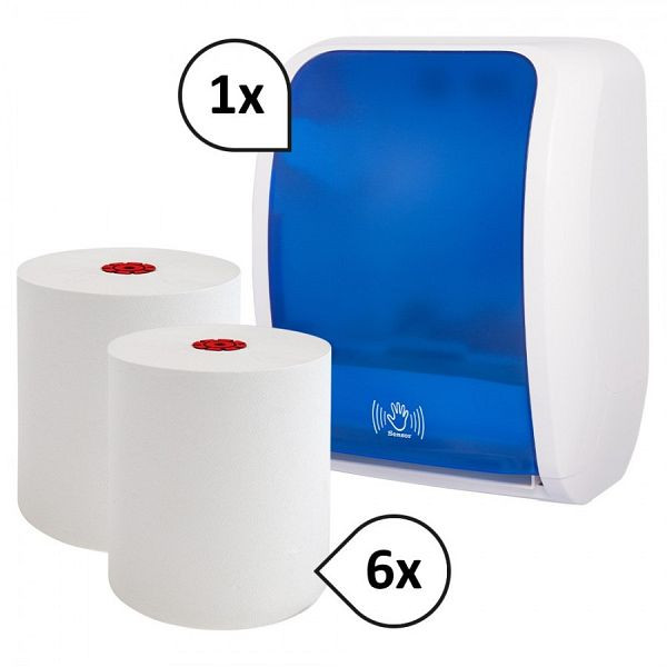 Blanc Hygienic SET: Handtuchrollenspender SENSOR, berührungslos, Blanc Cosmos + 6 Handtuchrollen PREMIUM TAD, Farbe: blau/weiß, PS-htz100-FS-4200WB