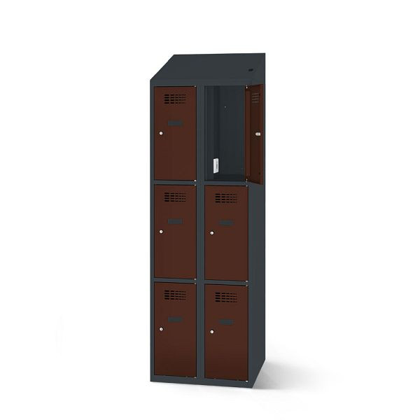 Rotstahl Fächerschrank, 6 Fächer, kurzer Sockel, mit Ladefunktion, Schrägdach, Korpus: anthrazitgrau, Türen: mahagoni, 2180-020300-0801112-7016-8016