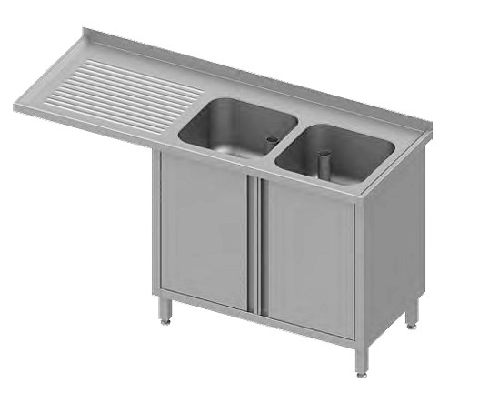 Stalgast Spülschrank mit Flügeltüren und Überstand 1700x700x900 mm, mit zwei Becken links, mit Aufkantung, verschweißt, VSK17725LA