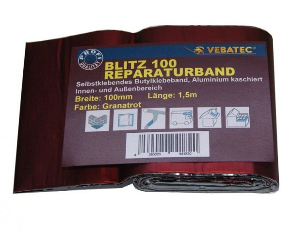 Vebatec Blitz Butyl Reparaturband Aluminium, Farbe: granatrot, 100mm x 1,5m, 149