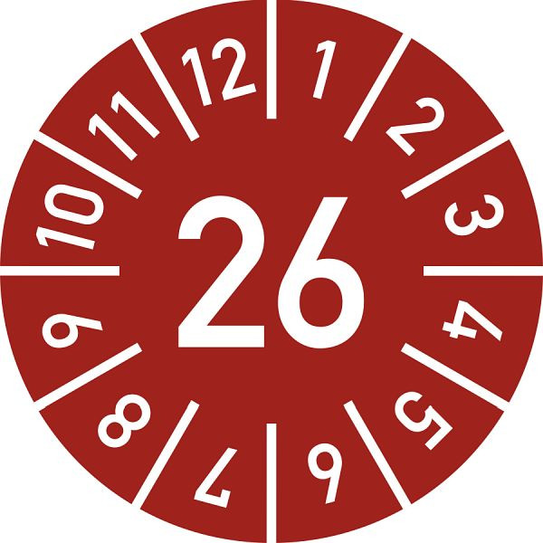 Moedel Prüfplakette Jahr 26 mit Monaten, rot, Folie, Ø 10 mm, VE: 10 Stück/Bogen, 105224
