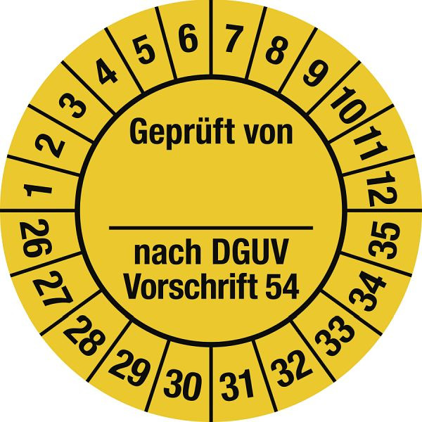 Moedel Prüfplakette Geprüft...DGUV Vorschrift 54, 2026-2035, Folie, Ø 30 mm, VE: 10 Stück/Bogen, 107175