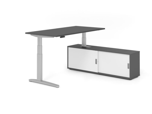 Hammerbacher Schreibtisch XBHM16, 160x80cm, Platte: Graphit, 25mm dick, C-Fuß Gestell Silber, Höhe: 65 - 129 cm, Graphit / Weiß, VXBHM16SB/G/S/G/W