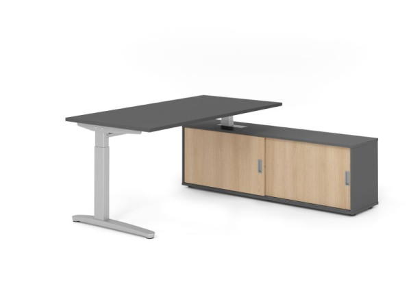Hammerbacher Schreibtisch XB16, 160x80cm, Platte: Graphit, 25mm dick, C-Fuß Gestell Silber, höheneinstellbar, Graphit / Eiche, VXBE16SB/G/S/G/E