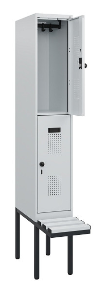 C+P Doppelstock-Spind Evolo PLUS, Bank, 2 Fächer, 1950x300x815mm, 7035/7035, Drehriegel, Sitzfläche Kunststoff, 0493405-10 S10106