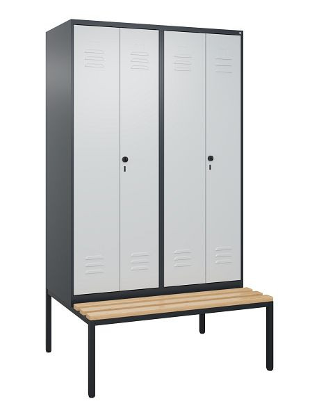 C+P Umkleidespind Classic PLUS, 4 Abteile, 2120x1200x815mm, 7016/7035, Drehriegel, mit untergebauter Sitzbank, Buche-Sitzleisten, 0800527-40P S10013
