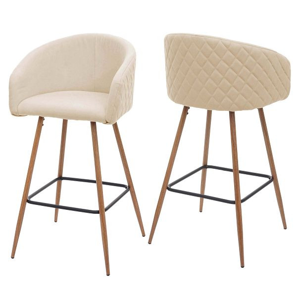 Mendler 2er-Set Barhocker HWC-D72, Barstuhl Tresenhocker Küchenhocker mit Lehne, Metall Holzoptik, Stoff/Textil, creme-beige, 75296