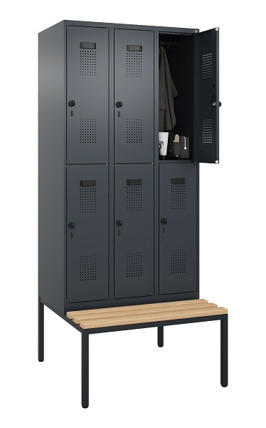 C+P Doppelstock-Spind Evolo PLUS, Bank, 6 Fächer, 2120x900x815mm, 7016/7016, Drehriegel, Sitzfläche Buche-Hartholz, Sitzbank, 0493507-30 S10016