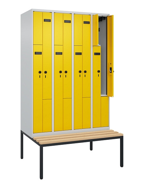 C+P Z-Spind Evolo PLUS, 8 Fächer, 2120x1200x815mm, 7035/1023, Drehriegel, Sitzfläche Buche-Hartholz, Sitzbank, 0490537-408 S10003