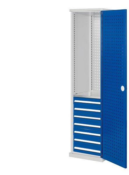 Kappes RasterPlan Schubladenschrank schmal Mod 5, 1950 x 600 x 600 mm, 7035/5010, Lochplattentür, 1 Fachboden verzinkt, 7 Schubladen 125 mm, 1567.04.3016
