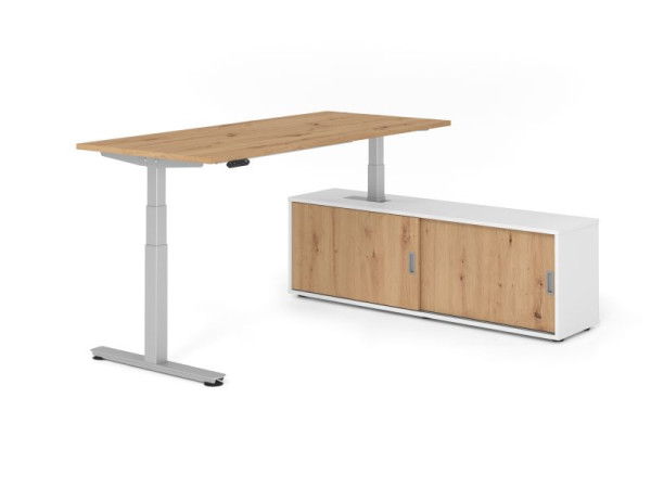Hammerbacher Schreibtisch XDSM19, 180x80cm, Platte: Asteiche, T-Fuß Gestell Silber, Höhe: 63 - 127 cm, Weiß / Asteiche, VXDSM19SB/R/S/W/R
