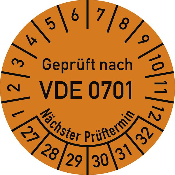 Moedel Prüfplakette VDE 0701 Nächster Prüftermin, 2027-2032, Folie, Ø 30mm, VE: 10 Stück/Bogen, 108566