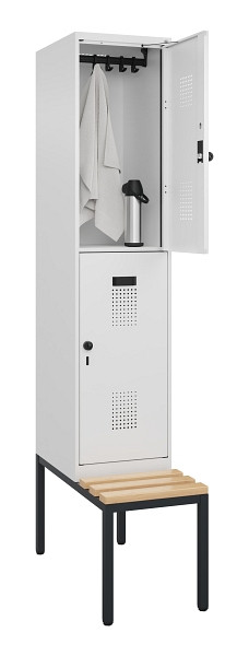 C+P Doppelstock-Spind Evolo PLUS, Bank, 2 Fächer, 2120x400x815mm, 9016/9016, Drehriegel, Sitzfläche Buche-Hartholz, Sitzbank, 0493507-12 S10020