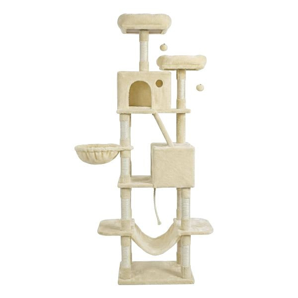 Feandrea großer Katzenkratzbaum, 206 cm hoch, XXL-Kratzbaum mit 13 Kratzbäumen, 2 Plattformen, 2 Höhlen, Korb, Hängematte, Plüschbälle, beige, PCT190M01