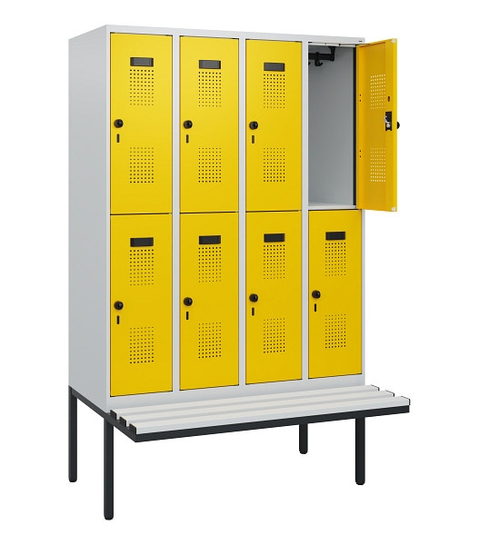 C+P Doppelstock-Spind Evolo PLUS, Bank, 8 Fächer, 1950x1200x815mm, 7035/1023, Drehriegel, Sitzfläche Kunststoff, 0493405-40 S10084