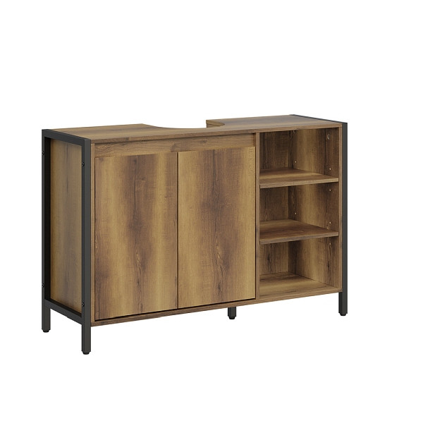 SoBuy Badmöbel mit Waschbecken Hellbraun mit 2 Türen, mit offenen Fächern, Standregal aus Spanplatte, 90×30×60 cm, Tragkraft 30 kg, BZR63-L-PF