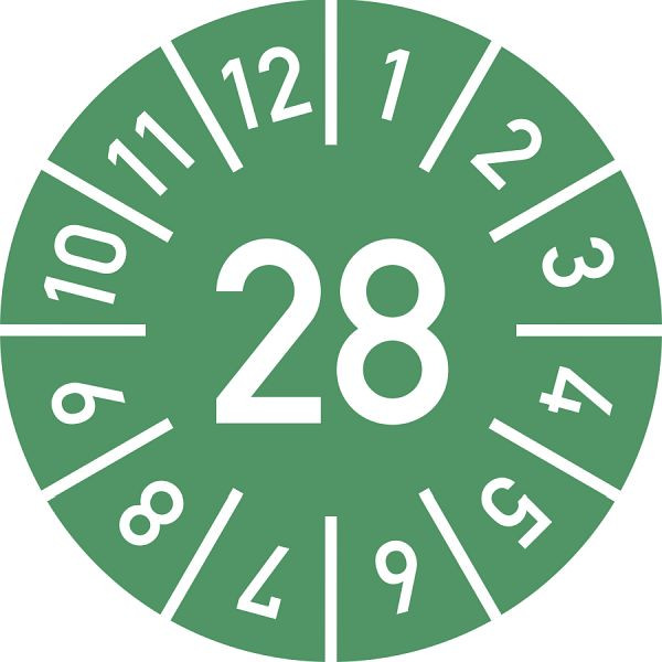 Moedel Prüfplakette Jahr 28 mit Monaten, grün, Dokumentenfolie, Ø 25 mm, VE: 10 Stück/Bogen, 106935