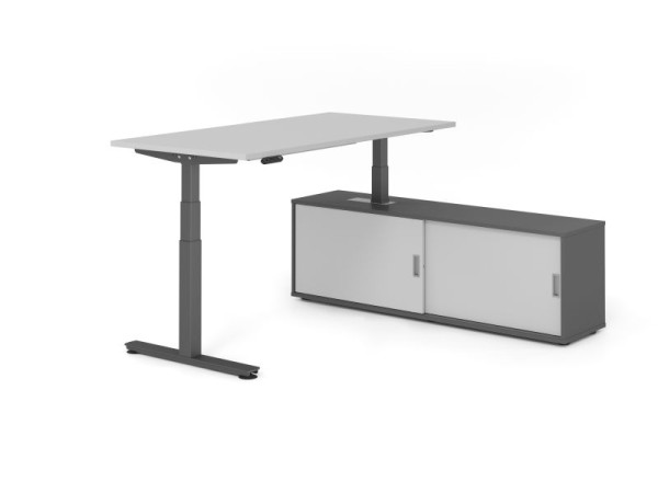 Hammerbacher Schreibtisch XDSM16, 160x80cm, Platte: Grau, T-Fuß Gestell Graphit, Höhe: 63 - 127 cm, Graphit / Grau, VXDSM16SB/5/G/G/5