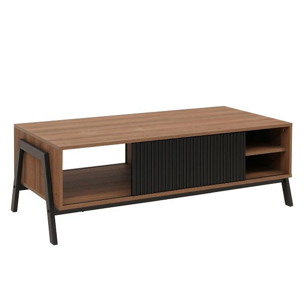 Mendler Couchtisch HWC-O40, Wohnzimmertisch Sofatisch, Staufächer Schiebetür MDF Metall Melamin 42x120x60cm, natur, 139154+139155
