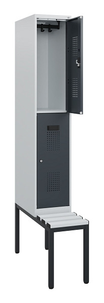 C+P Doppelstöckiger Spind Evolo PLUS, Bank, 2 Fächer, 1950x300x815mm, 7035/7016, Zylinderschloss, Sitzfläche Kunststoff, Sitzbank, 0493505-10 S10147