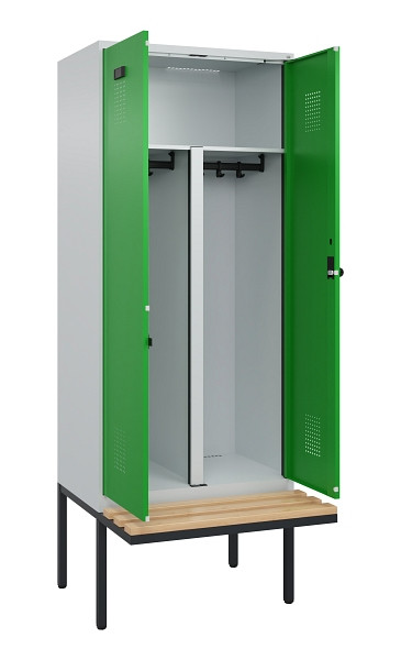 C+P PSA Doppel-Spind Evolo PLUS, Bank, 2 Abteile, 2120x800x815mm, 7035/6037, Drehriegel, Sitzfläche Holz, 0490427-22P S10011