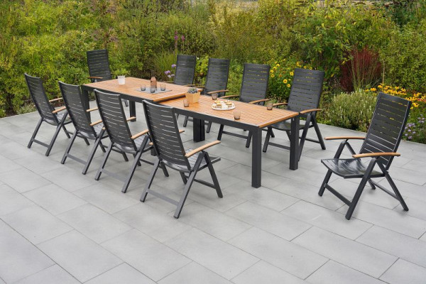 Merxx Astros Set 11-teilig, 10 Astros Klappsessel, 1 Flex Ausziehtisch 180 (300) x 100 cm, Aluminium mit FSC Akazienholz, 50631-217