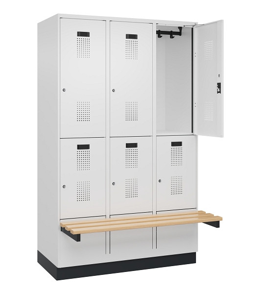 C+P Doppelstock-Spind Evolo PLUS, Bank, 6 Fächer, 1950x1200x815mm, 9016/9016, Zylinderschloss, Sitzfläche Buche-Hartholz, mit Sockel, 049340-32 S10047