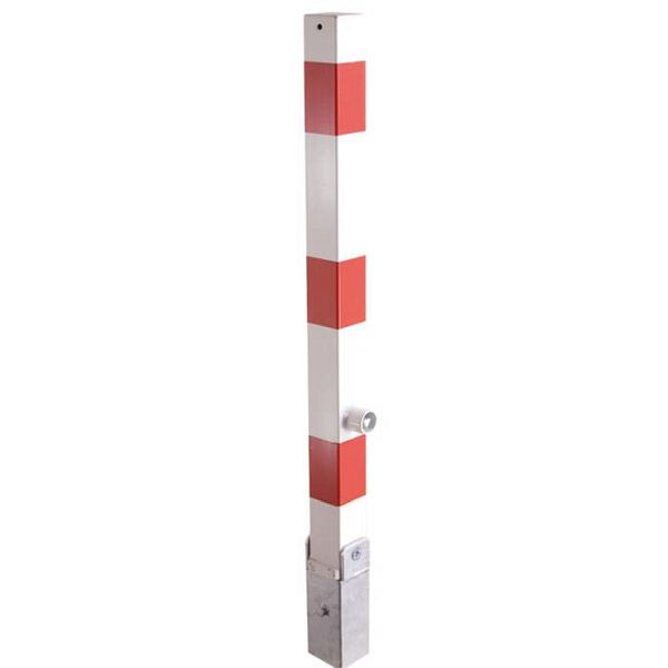 Stein HGS Absperrpfosten -Bollard- mit Hebe- und Kippmechanik, weiß, mit 3 roten Leuchtstreifen, Dreikantverschluss, 470fukhb
