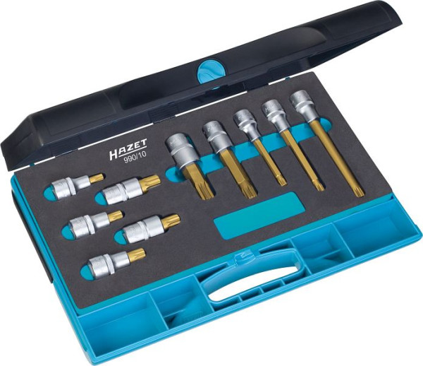 Hazet Schraubendreher-Steckschlüsseleinsatz Satz, Vierkant hohl 12,5 mm (1/2 Zoll), Innen Vielzahn Profil XZN, M8 - M18, Anzahl Werkzeuge: 10, 990/10