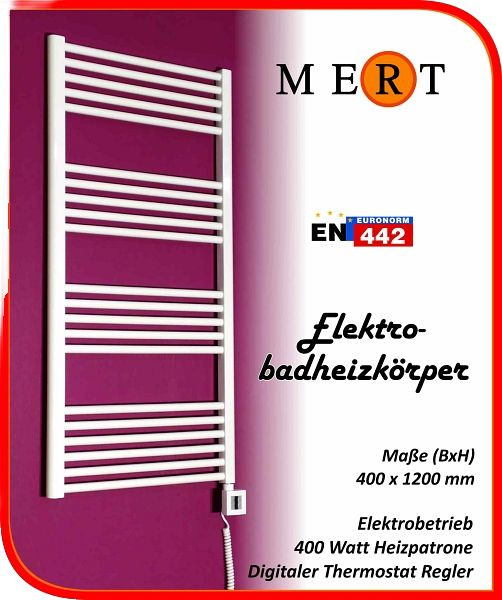 MERT Elektro-Badheizkörper weiß, gerade, 400 x 1200 mm, befüllt, E1-40x120-B