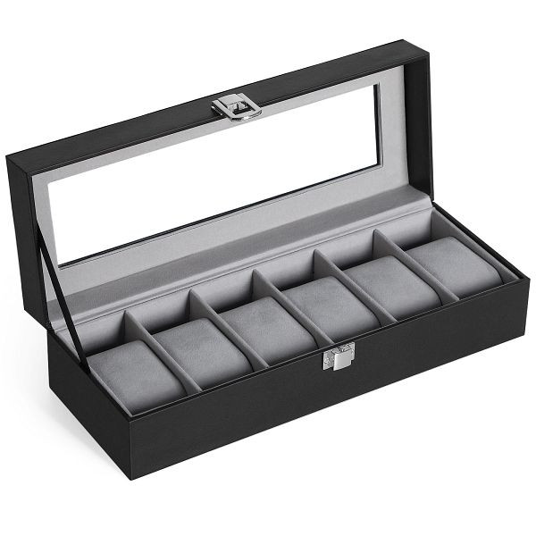 SONGMICS Uhrenbox mit 6 Schlitzen, mit Glasdeckel, Samt-Uhren-Kissen, mit Verschluss, 11,2 x 30 x 8 cm, synthetisches Leder, graues Futter, JWB06BK