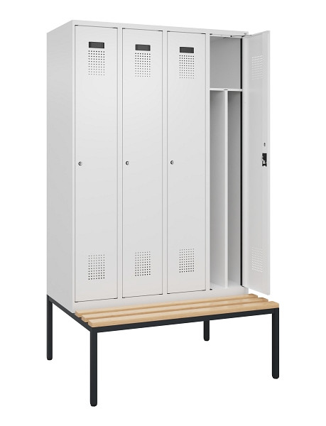 C+P Spind Evolo PLUS, 4 Abteile, 2120x1200x815mm, 9016/9016, Haken 4, Zylinderschloss, Sitzfläche Buche-Hartholz, Sitzbank, 0490507-40F S10047