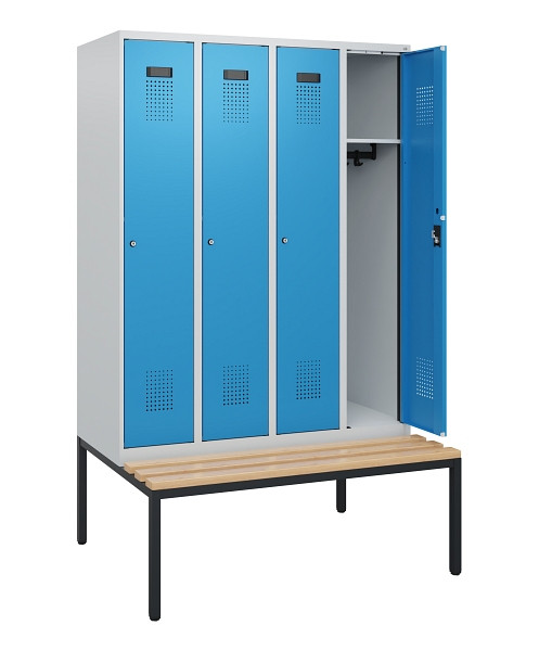 C+P Spind Evolo PLUS, 4 Abteile, 1950x1200x815mm, 7035/5012, Zylinderschloss, Sitzfläche Buche-Hartholz, Sitzbank, 0490505-40 S10031