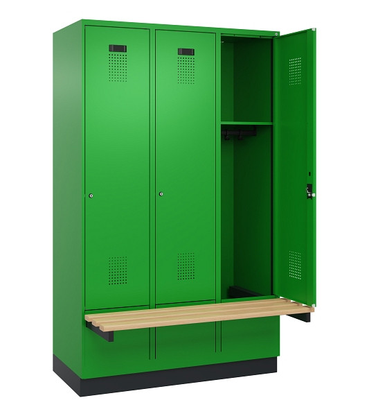 C+P Spind Evolo PLUS, 3 Abteile, 1950x1200x815mm, 6037/6037, Zylinderschloss, Sitzfläche Holz, mit Sockel, 049040-32 S10053