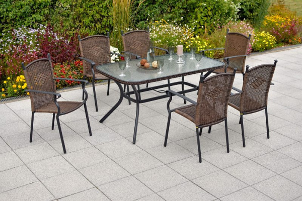 Merxx Roma Set 7-teilig, 6 Stapelsessel, 1 Tisch 150 x 85 cm, Glasplatte mit Geflechtrand, Graphit/Schoko, 50736-210