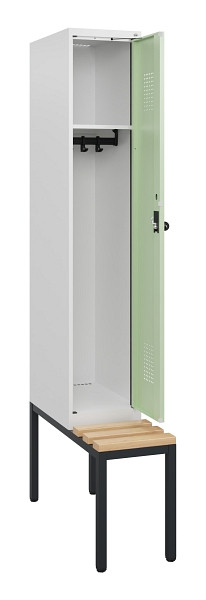 C+P Spind Evolo PLUS, 1 Abteil, 1950x300x815mm, 9016/6019, Drehriegel, Sitzfläche Holz, Sitzbank, 0490505-10 S10021