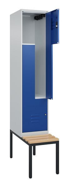 C+P Z-Spind Classic PLUS, mit untergebauter Sitzbank, 2 Abteile, 2120x400x815mm, 7035/5010, Zylinderschlösser, Buche-Sitzleisten, 0800537-122 S10018