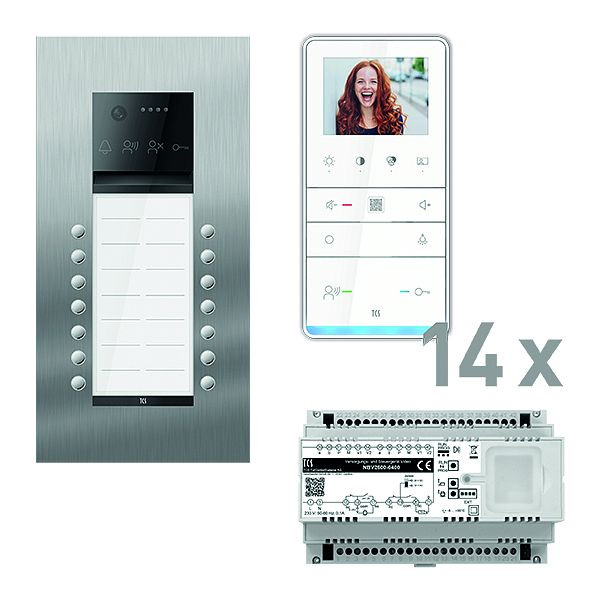 TCS Türkontrollsystem video: pack PRO 14WE Außenstation AVU 14T UP 14x Freisprecher IVW6511 Steuergerät, PVUF142/001