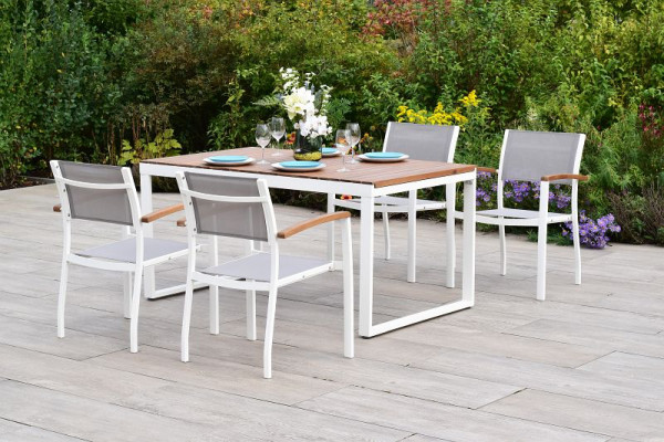 Merxx Naxos Set 5-teilig, 4 Naxos Stapelsessel, Armlehnen aus Akazienholz, 1 Ausziehtisch, 150 (200) x 90 cm, 51004-208