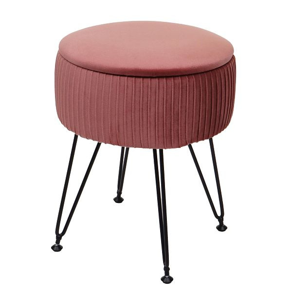 Mendler Sitzhocker HWC-K47, Hocker mit Staufach, Ø 33cm, Samt-Optik, rosa, Gestell schwarz, 94405