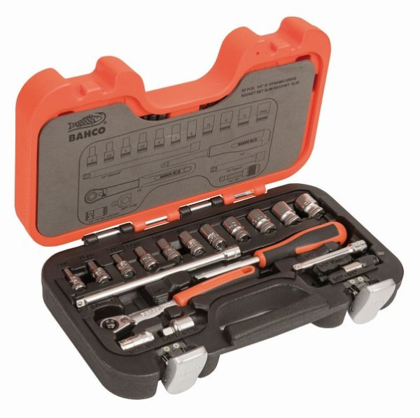 Bahco 1/4" Steckschlüssel-Satz mit schmaler Ratsche, 65 teilig, in Hartschalenkoffer, SL65